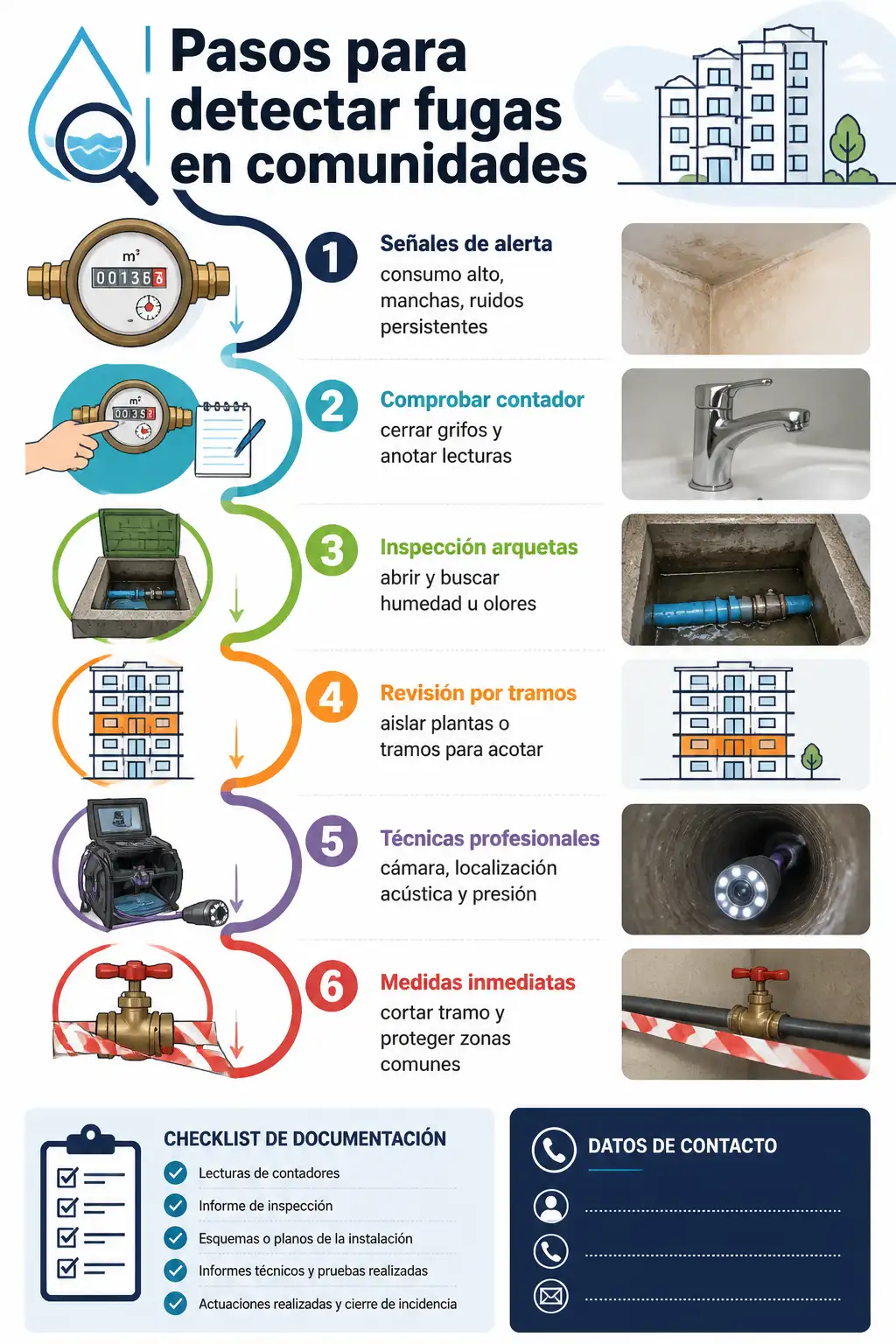 Cómo detectar fugas de agua en comunidades: guía práctica para comunidades de vecinos 2 Infografía paso a paso que muestra señales de alerta, comprobación del contador, inspección de arquetas, revisión por tramos, técnicas profesionales con cámara y medidas inmediatas para detectar fugas en comunidades. detectar fugas de agua en comunidades
