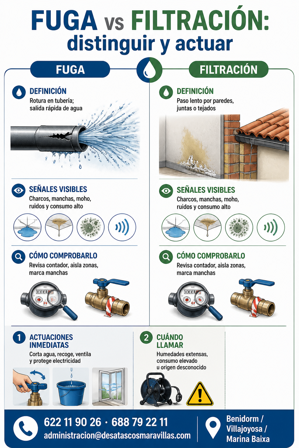 Diferencia entre fuga y filtración: cómo identificarlas y qué hacer 2 Infografía comparativa que muestra la diferencia entre fuga y filtración: definiciones, señales visibles, cómo comprobarlo, actuaciones inmediatas y cuándo llamar, con contacto de Desatascos Benidorm y área de actuación (Benidorm, Villajoyosa y Marina Baixa).