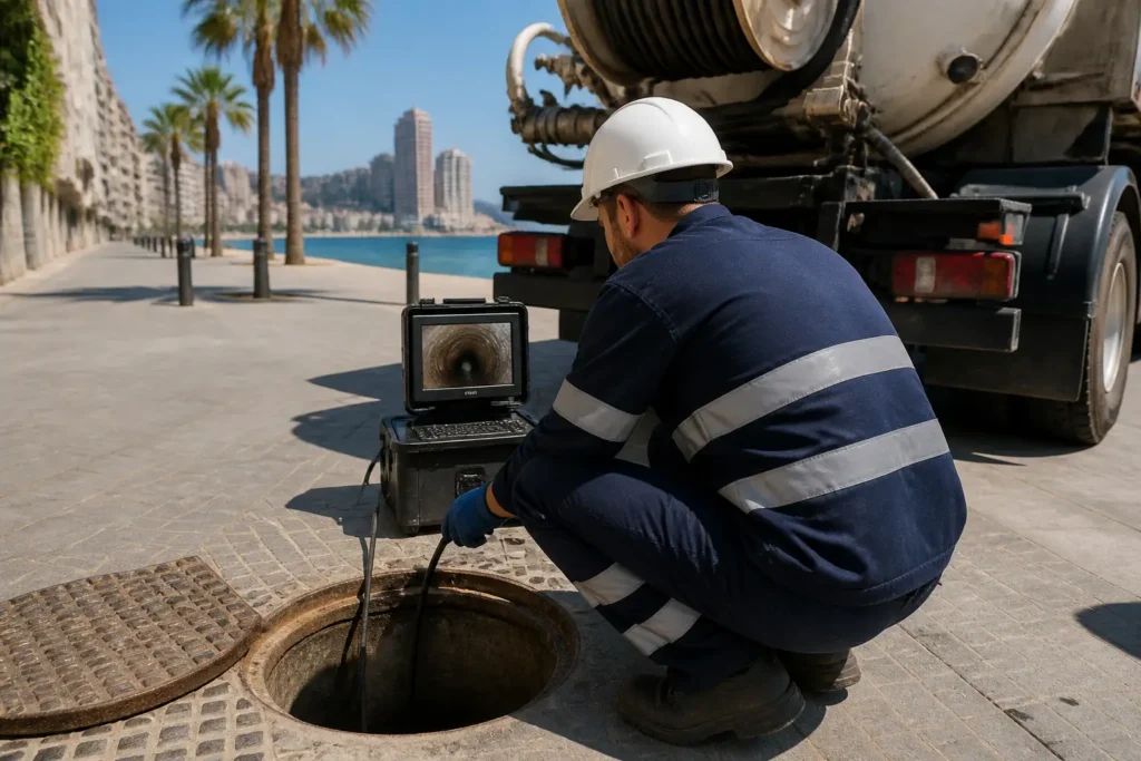 Operario junto a camión cisterna y cámara de inspección trabajando en una arqueta en una calle de Benidorm.