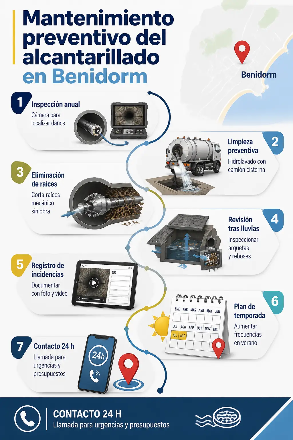 Infografía sobre mantenimiento preventivo del alcantarillado en Benidorm: pasos clave como inspección con cámara, limpieza con camión cisterna, eliminación de raíces, revisiones tras lluvias, registro de incidencias, plan estacional y contacto 24 h, con mapa-pin de Benidorm.