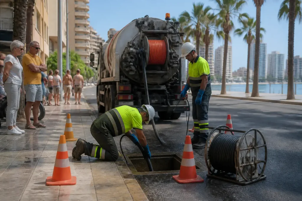 Operarios de desatascos trabajando junto a un camión de servicio limpiando una arqueta comunitaria en una calle costera.