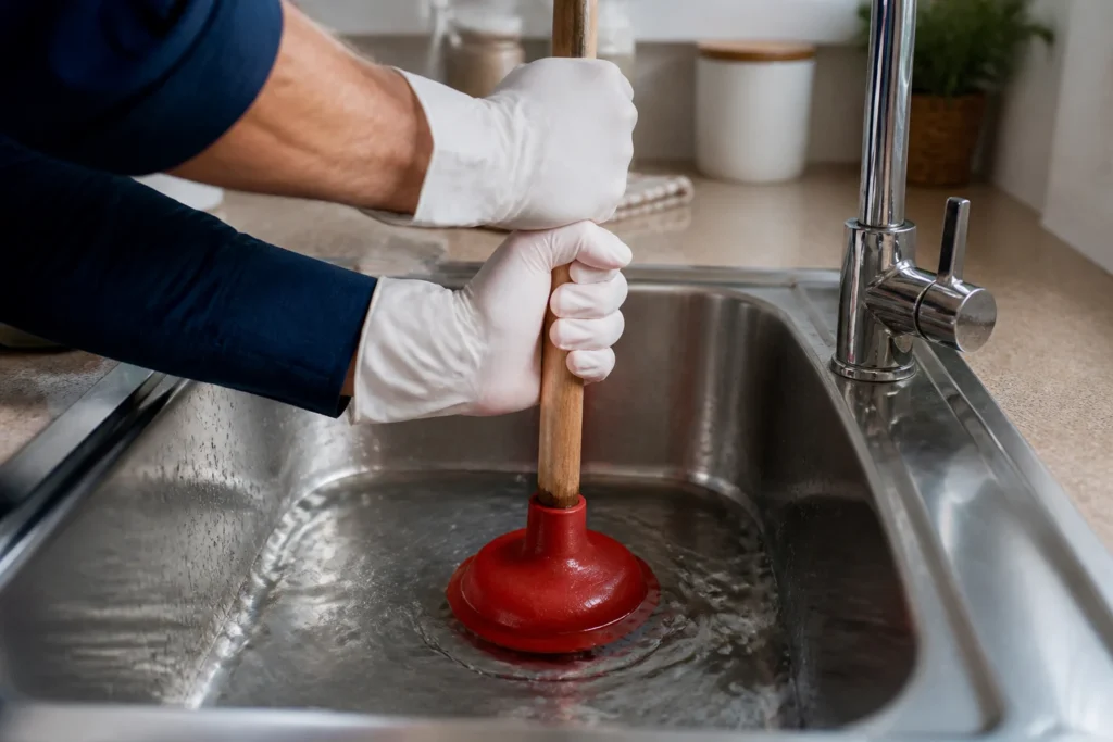 Manos con guantes usando un desatascador de émbolo en un fregadero doméstico.