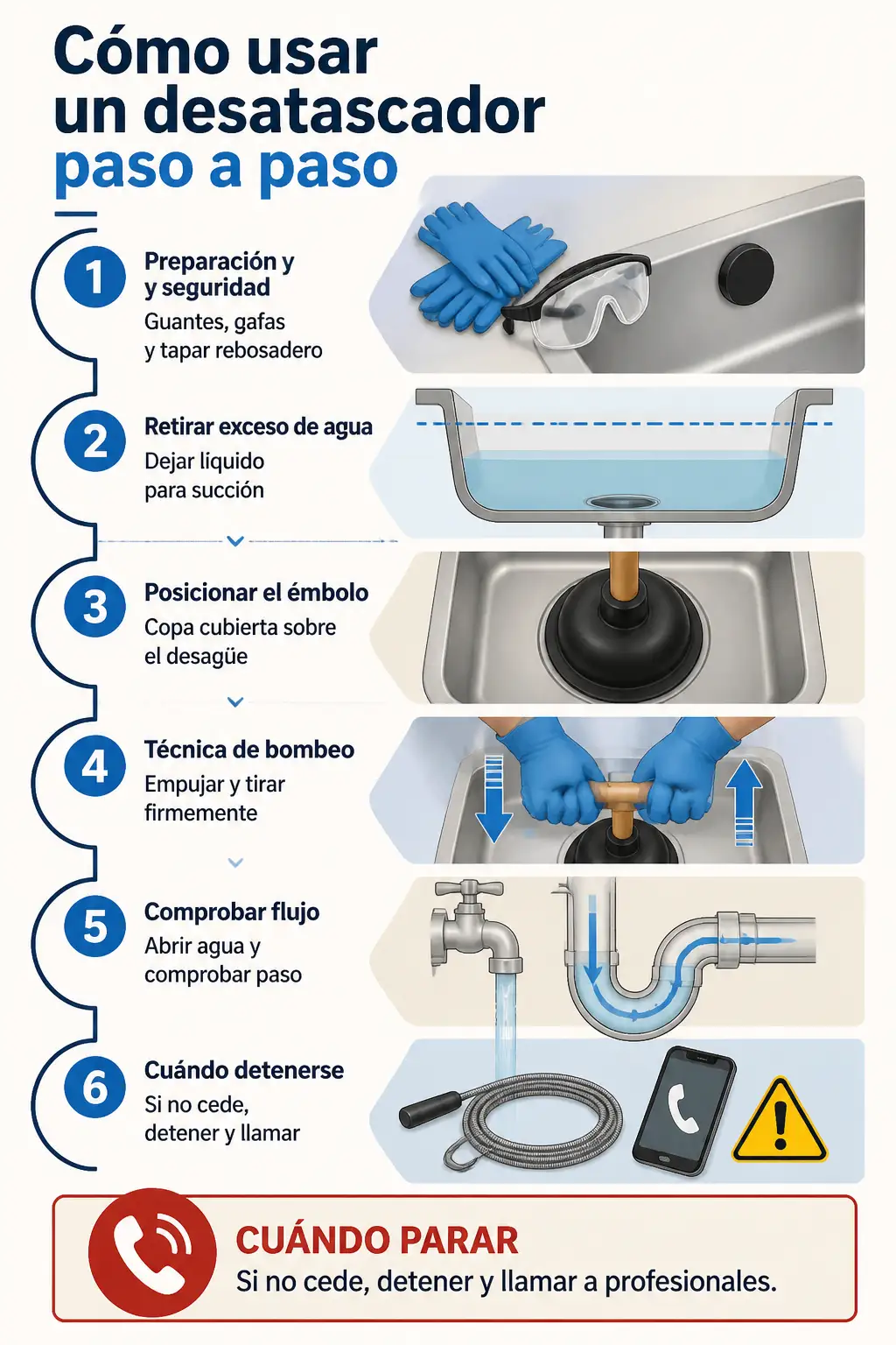 Infografía paso a paso que muestra seis acciones para usar un desatascador: preparación con guantes y tapar rebosadero, dejar líquido para succión, colocar el émbolo sellando el desagüe, bombear con movimientos firmes, comprobar el flujo abriendo el agua y detenerse si no funciona para llamar a un profesional.
