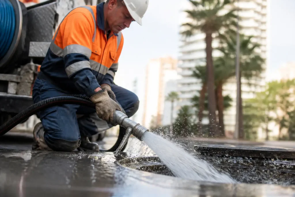 Desatascador de tuberías a presión: qué es y cuándo usarlo 1 Técnico con equipo hidrojets limpiando una tubería en una calle residencial de Benidorm.