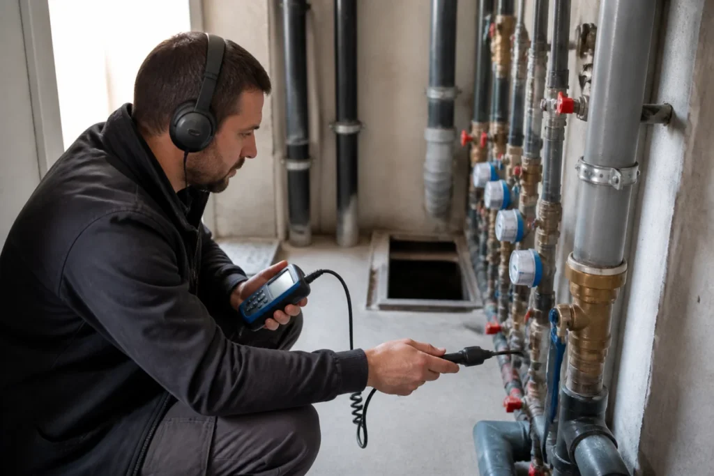 Técnico inspeccionando tuberías con detector acústico en cuarto de instalaciones