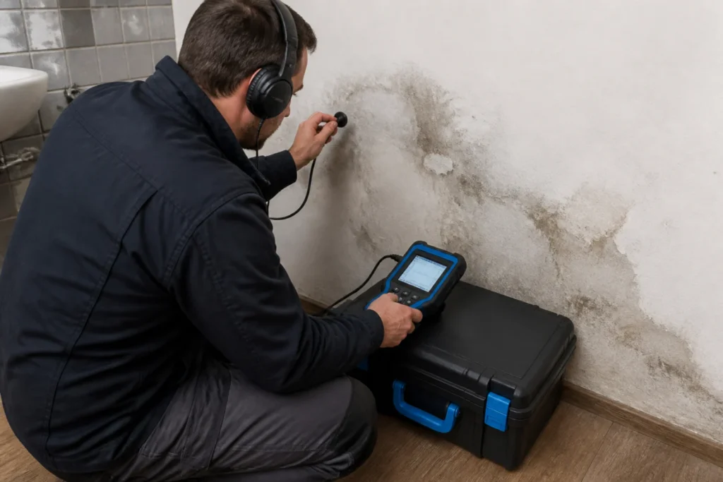 Técnico con equipo portátil de detección revisando tubería junto a una mancha de humedad en pared.