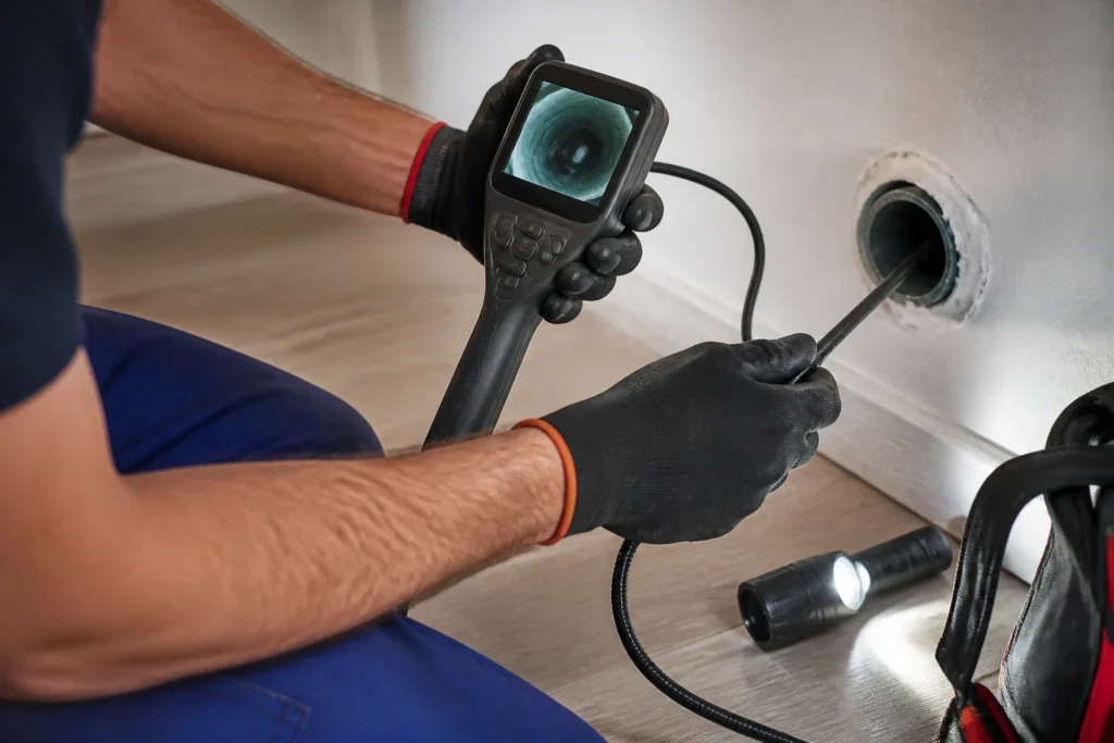 Técnico de desatascos inspeccionando una tubería con cámara y linterna en el interior de una vivienda.