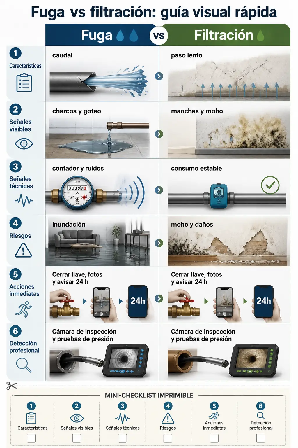 Infografía comparativa que muestra, por filas, las diferencias entre fuga y filtración: características, señales visibles, señales técnicas, riesgos, acciones inmediatas y métodos de detección profesional, con imágenes claras para cada caso.