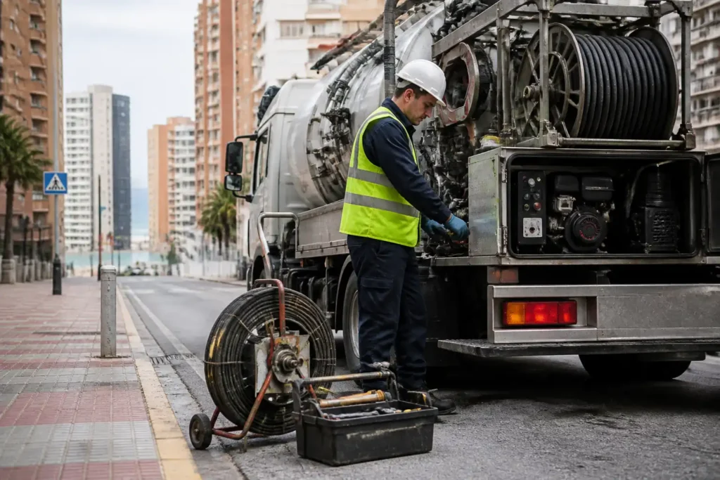 Técnico de desatascos junto a camión hidrojet y equipo mecánico en calle costera de Benidorm.