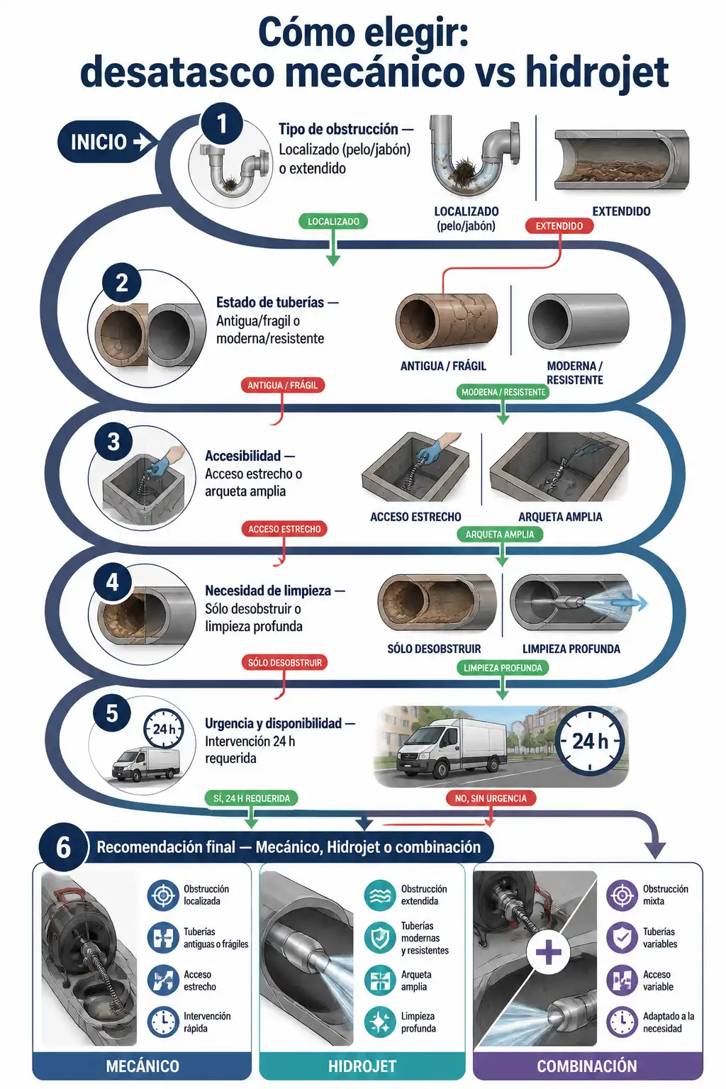 Mapa visual que guía la decisión entre desatasco mecánico e hidrojet: preguntas clave sobre tipo de atasco, estado de la tubería, accesibilidad, necesidad de limpieza y urgencia, con recomendaciones finales (mecánico, hidrojet o combinación).