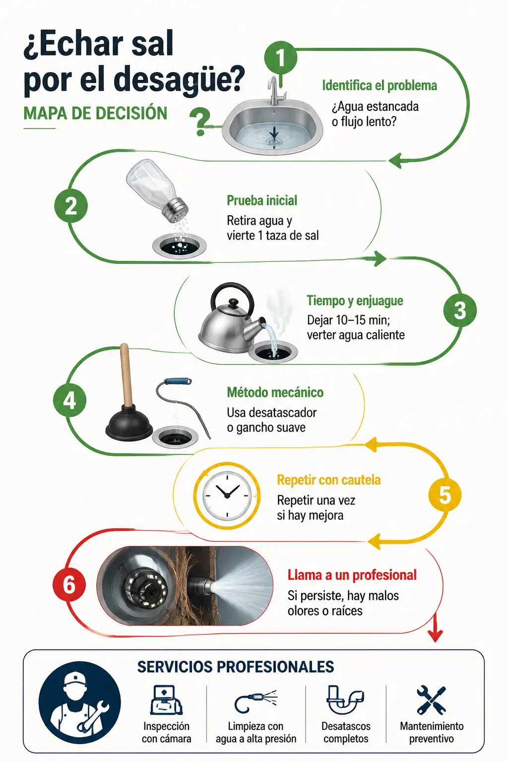 Mapa de decisión paso a paso para probar echar sal por el desagüe: identificar el problema, verter una taza de sal, esperar 10–15 minutos, enjuagar con agua caliente, añadir desatascador si hace falta, repetir una vez y, si persiste o hay malos olores o raíces, contactar con un profesional para inspección con cámara o limpieza con agua a alta presión.