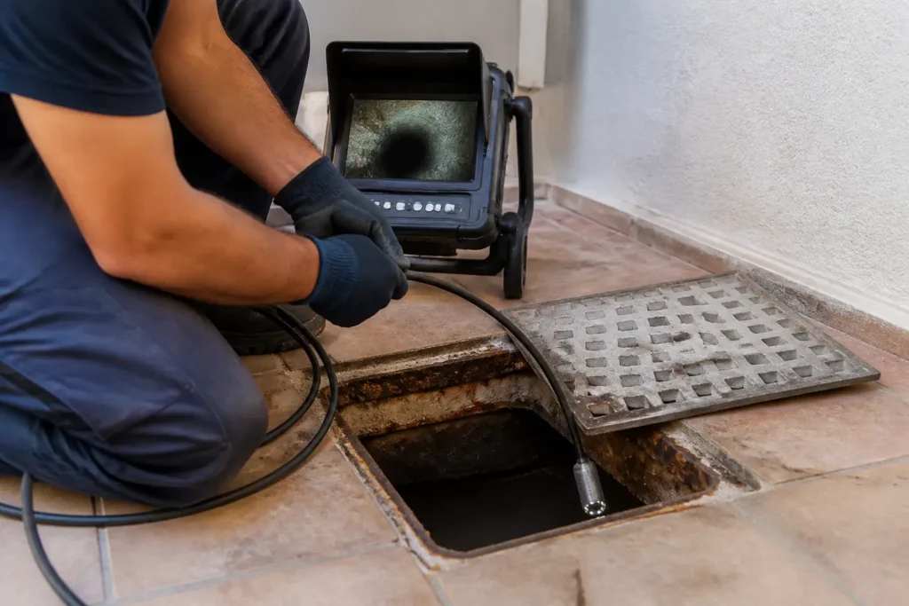 Técnico realizando videoinspección en una arqueta con cámara y monitor