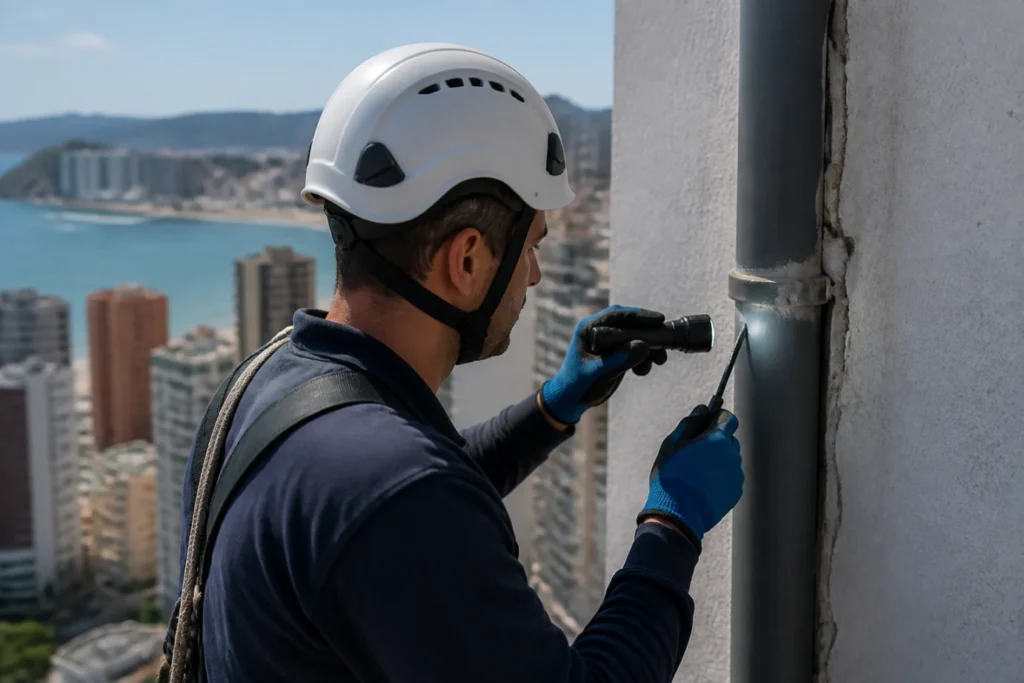 Técnico revisando un bajante exterior en Benidorm con la ciudad y el mar al fondo.