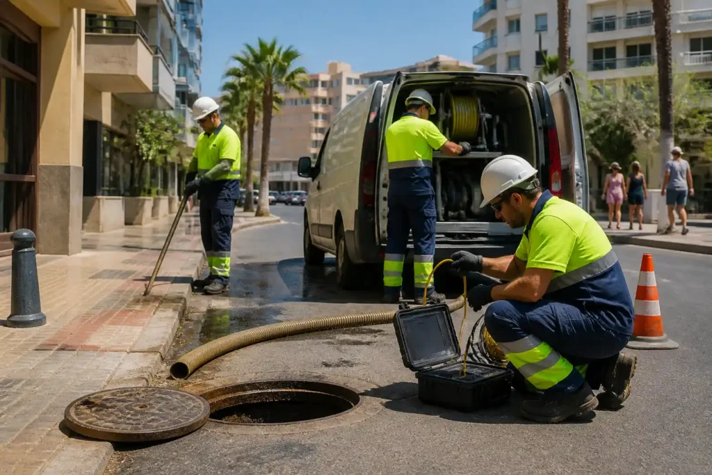 Equipo de operarios con ropa de alta visibilidad junto a una arqueta abierta en una calle soleada de Benidorm.
