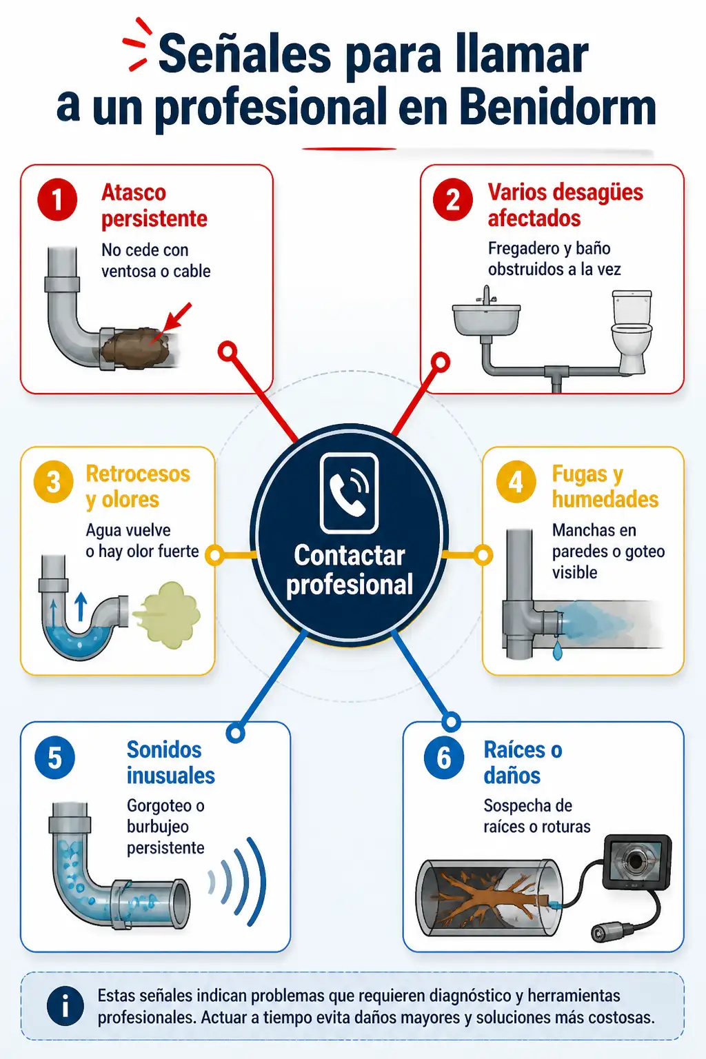 Infografía vertical tipo mapa de diagnóstico que muestra seis señales (atasco persistente, varios desagües afectados, retrocesos y olores, fugas y humedades, sonidos inusuales, raíces o daños) que indican cuándo es necesario llamar a un profesional de desatascos en Benidorm.