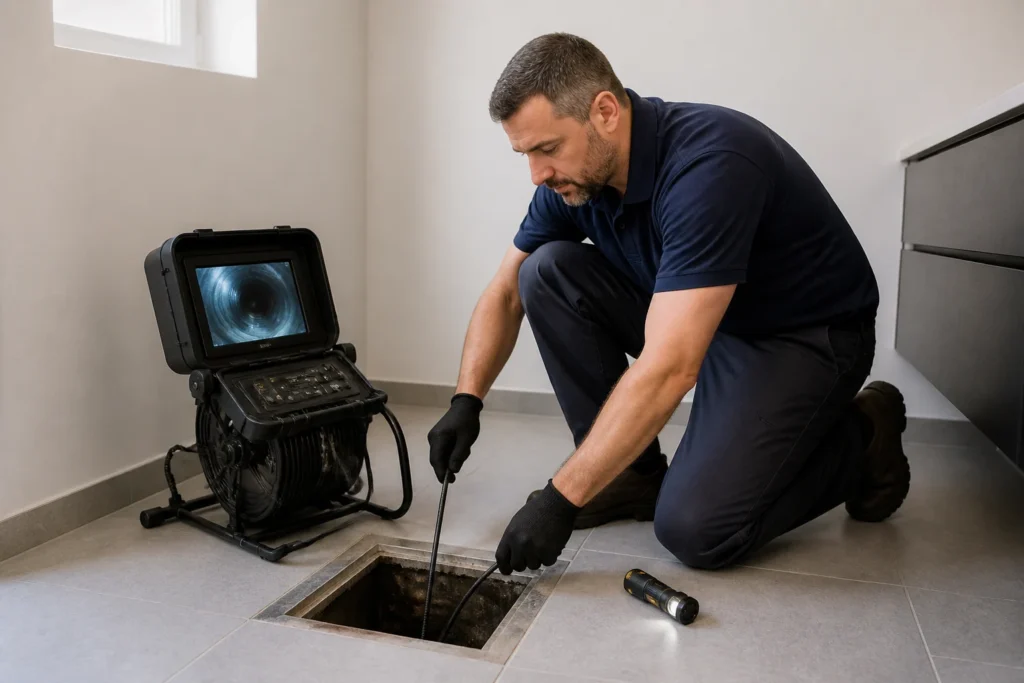 Técnico de fontanería realizando una inspección con cámara en una arqueta doméstica.