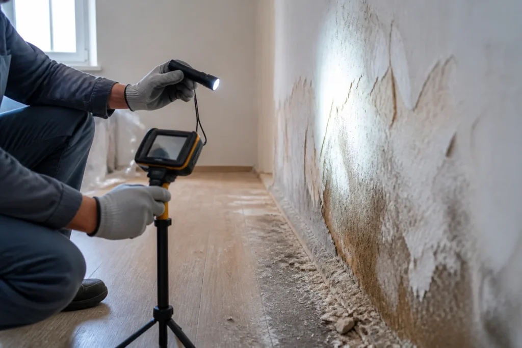 Técnico inspeccionando manchas de humedad en pared interior con linterna y cámara.