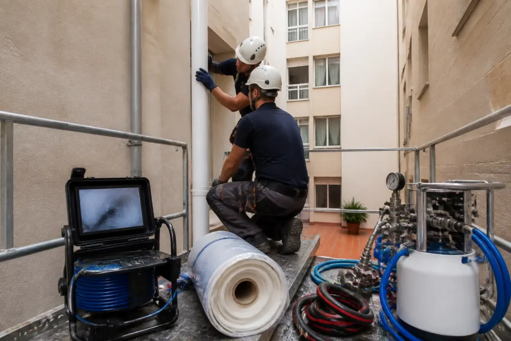 Técnicos realizando inspección y reparación de una bajante sin obra con cámara y equipo profesional en Benidorm.