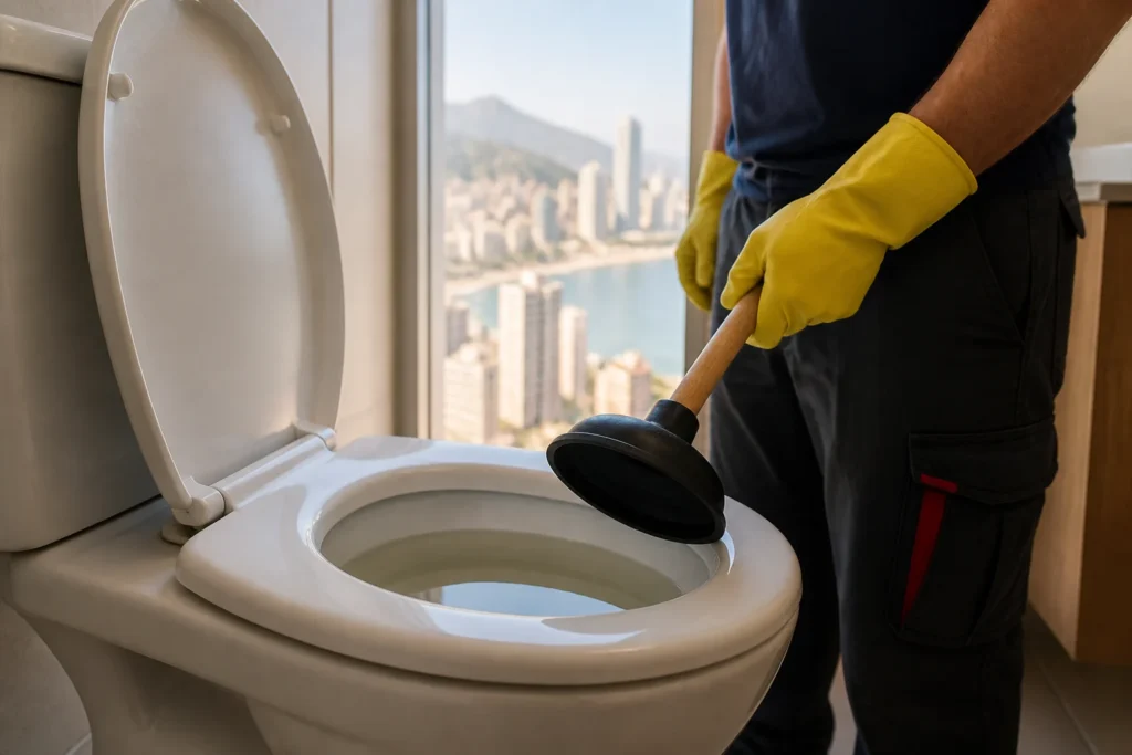 Vater atascado no baja agua: qué hacer y cuándo llamar en Benidorm 9 Técnico con guantes junto a un váter con agua estancada en un baño doméstico.