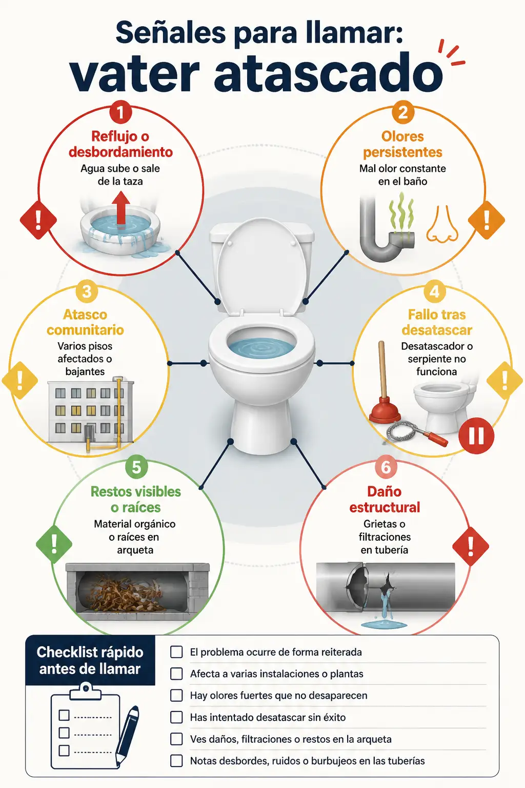 Infografía radial que muestra seis señales de alarma para cuando un vater está atascado: reflujo, olores persistentes, atascos comunitarios, fallo tras usar desatascador, restos o raíces visibles y daño estructural; cada señal con breve texto y gráfico específico.
