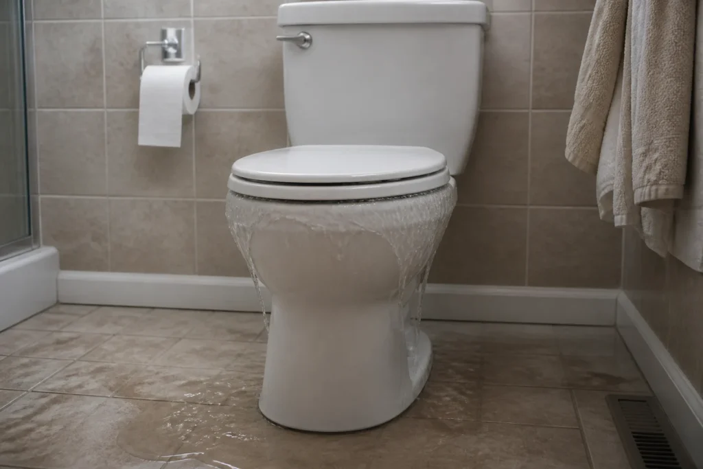 Inodoro doméstico con agua desbordando y charco en el suelo del baño