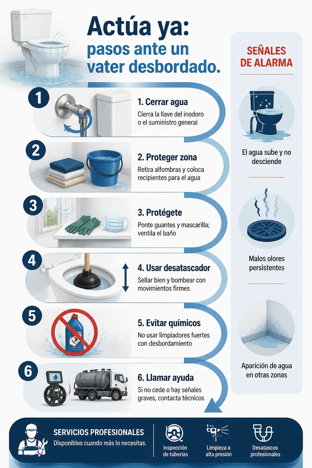 Infografía paso a paso que muestra seis acciones inmediatas ante un vater atascado y desbordado: cerrar el agua, proteger la zona, protegerse, usar desatascador correctamente, evitar químicos y llamar a profesionales; incluye señales laterales de alarma y servicios profesionales disponibles.