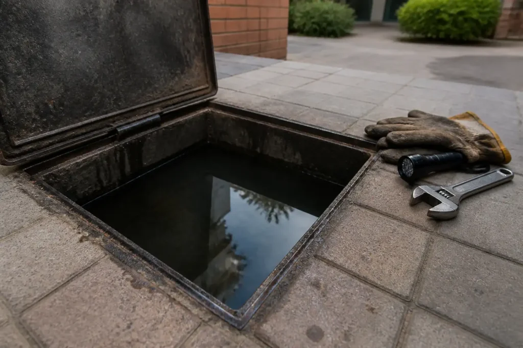 Tapa de arqueta abierta con agua estancada en su interior y herramientas de fontanería al lado.