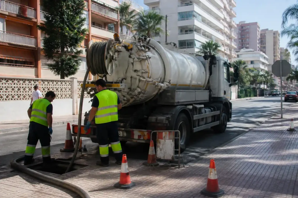 Camión cuba trabajando en una arqueta abierta en calle de Benidorm con señalización vial y operarios.