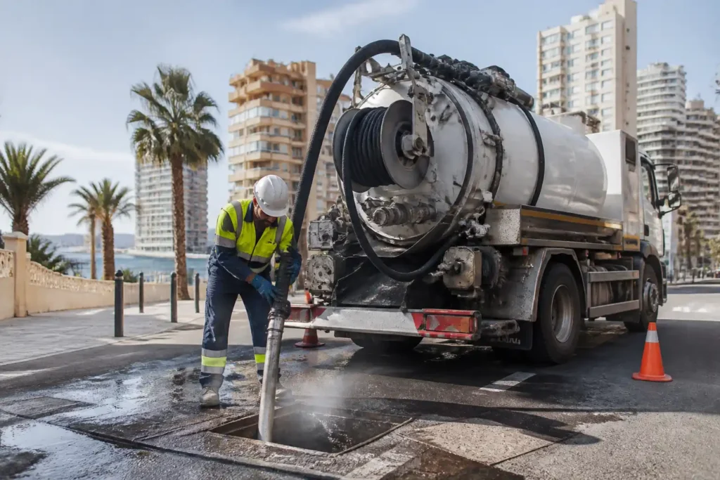 Operario con camión cuba realizando limpieza de arqueta en una calle de Benidorm
