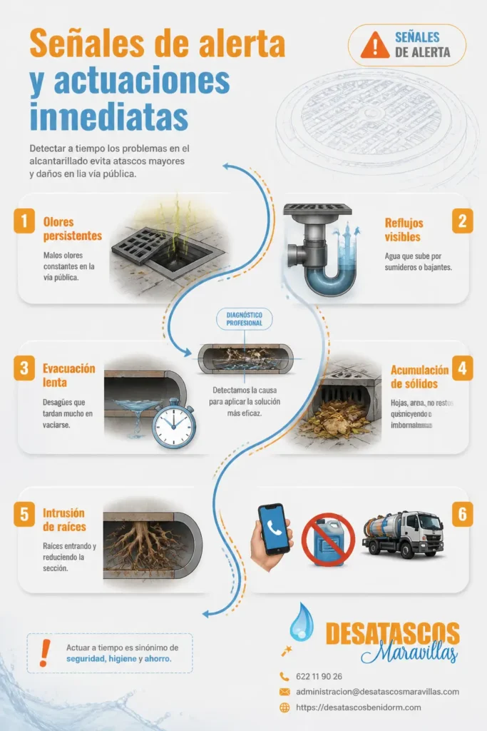 Infografía tipo recorrido en S que muestra seis señales de alerta en la red de alcantarillado (olores, reflujos, evacuación lenta, acumulación de sólidos, raíces) y las medidas inmediatas recomendadas; incluye esquema de tubería, paleta corporativa de Desatascos Benidorm y datos de contacto.