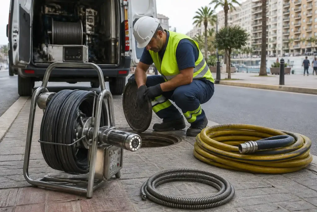 Técnico abriendo una arqueta con carrete de cámara CCTV y equipo de desatasco junto a furgoneta de servicio.